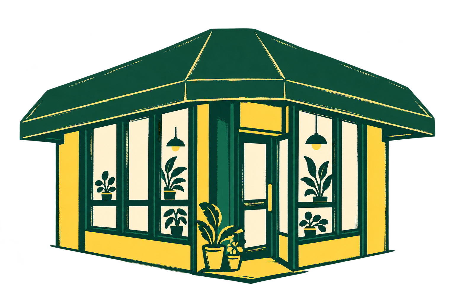 Custom illustration of Formosa’s Prospect Heights storefront with its green awning and yellow facade